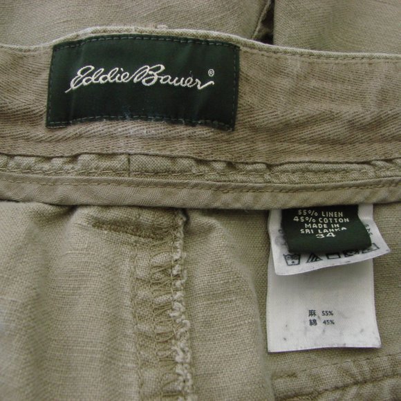 Khaki Cargo Shorts Flat Front Eddie Bauer Linen Cotton Utility Pockets Size 34 - Picture 3 of 10
